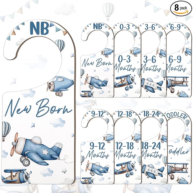 Baby Closet Dividers 8PCS, Airplane Themed Wooden Double-Sided Clothes Size Hanger/Organizer from Newborn to Toddler for Nursery Decor Baby Shower Birthday Gender Reveal Party Gift