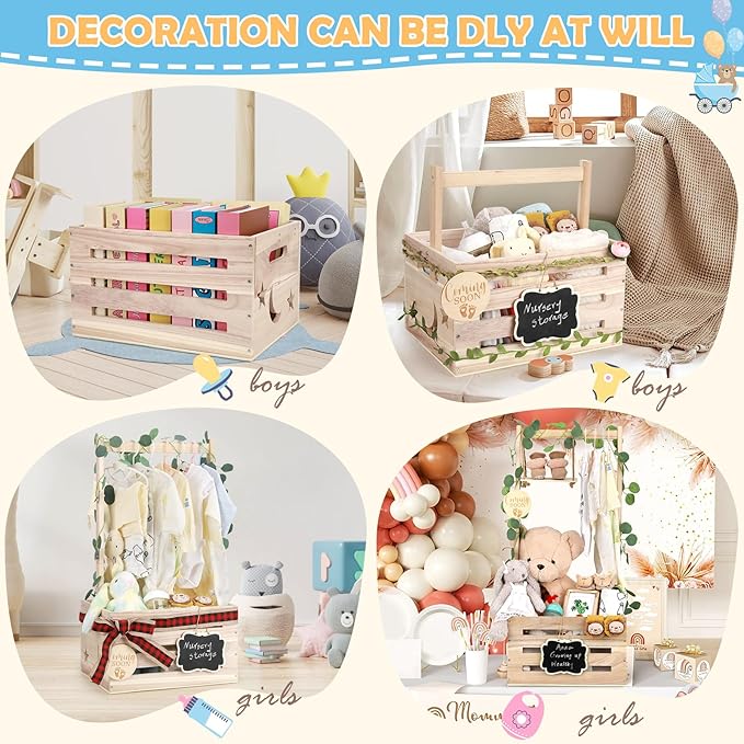 Wooden Baby Shower Crate Closet with Adjustable Handle & Garland, Large Personalized Baby Shower Basket Clothes Hangers Rack Storage Box, Pregnancy Gifts for New Parents Newborn Boy Girl
