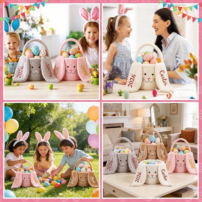 Personalized Easter Baskets for Kids Egg Basket Gingham Bunny Ear Bucket Candy with Handle Tote Bucket Reusable Goody Baskets for Kids Gifts Bags