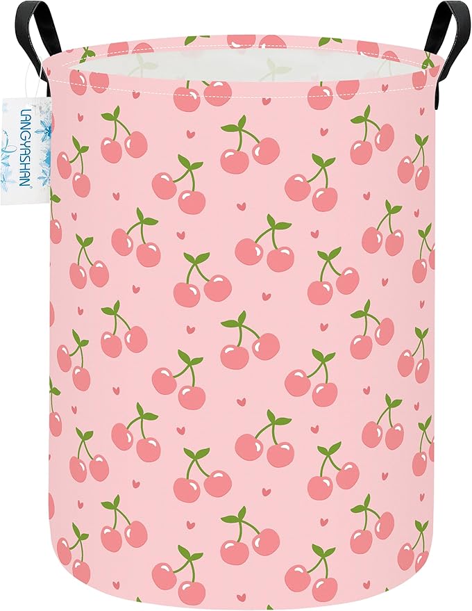 LANGYASHAN Laundry Basket Canvas Fabric Collapsible Organizer Basket for Storage Bin Toy Bins Gift Baskets Bedroom Clothes Children Nursery Hamper (Pink Cherry)