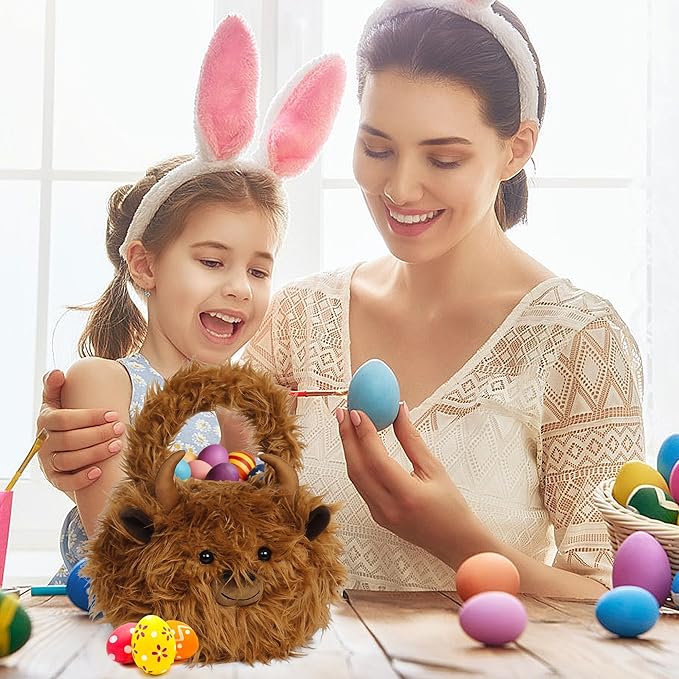 Easter Basket, Highland Cow Easter Baskets for Kids, Baskets with Handle for Gifts Empty, Bunny Egg Hunting, Basket Stuffers Essentials