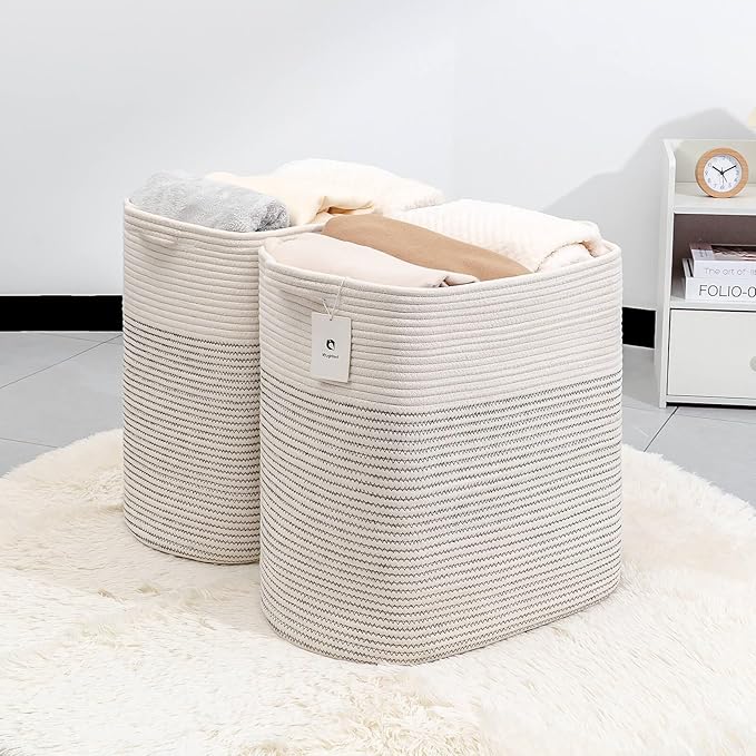 Storage Baskets for Clothes Fabric Cotton Rope Storage Basket with Handles, Decorative Woven Basket for Living Room,Closet Organizer Blankets, and 2bags (White/Black Line, L17.8×W12.5×H17.9)