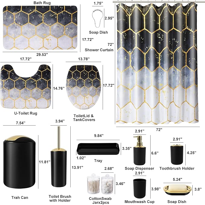 25 Pieces Bathroom Set Black and Gold Bathroom Accessories Set, Shower Curtain and Rugs, Trash Can, Toilet Brush, Soap Dispenser, Soap Dish, Toothbrush Holder, Tumbler, Tray, Qtip Holder