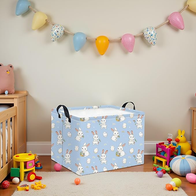 HIYAGON Rectangular Easter Basket for Kids Baby Easter Basket for Boys and Girls Cute Toy Storage Organizer Bin Box Easter Egg Room Decor(Blue Easter)