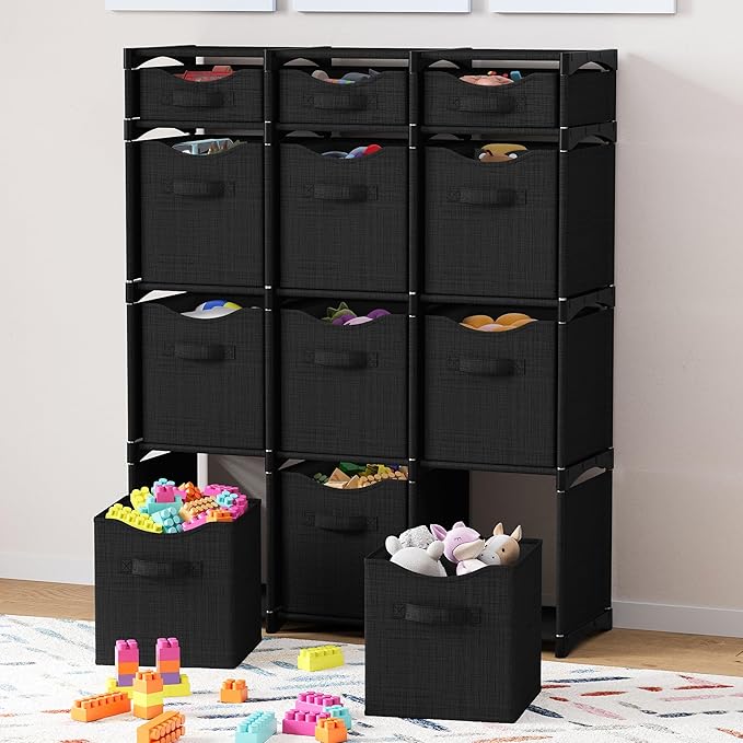 12 Cube Storage Organizer With Bins Included - Closet Storage With 12 Storage Bins - Easy To Assemble Storage Unit With Drawers - Closet Organization For Clothes, Bedroom, Nursery, & Toys (Black)