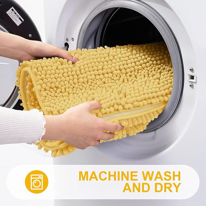 Grandaily Chenille Striped Bathroom Rugs 47x24, Extra Thick and Absorbent Bath Mats, Non-Slip Soft Plush Shaggy Shower Carpet, Machine Wash Dry, Bath Rug for Bathroom, Yellow
