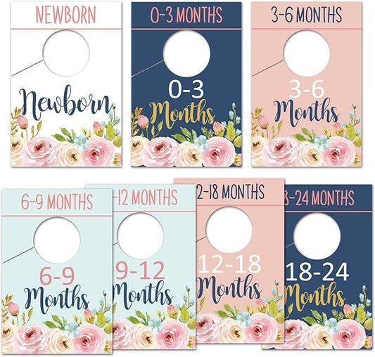Baby Closet Size Dividers, Floral Closet Organizer for Girl, Nursery Wardrobe Divider Hangers to Arrange Clothes By Size or Age, Newborn Shower Gift, 0-24 Months