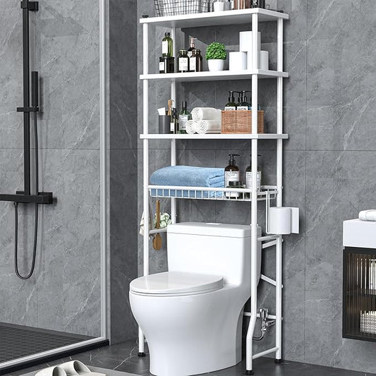 Over the Toilet Storage shelf, 4-Tier Bathroom Organizer Rack, Easy To Install with Adjustable Feet Pad and Basket Freestanding Bathroom Shelves Above Toilet, Space Saver Toilet Storage Cabinet(White)