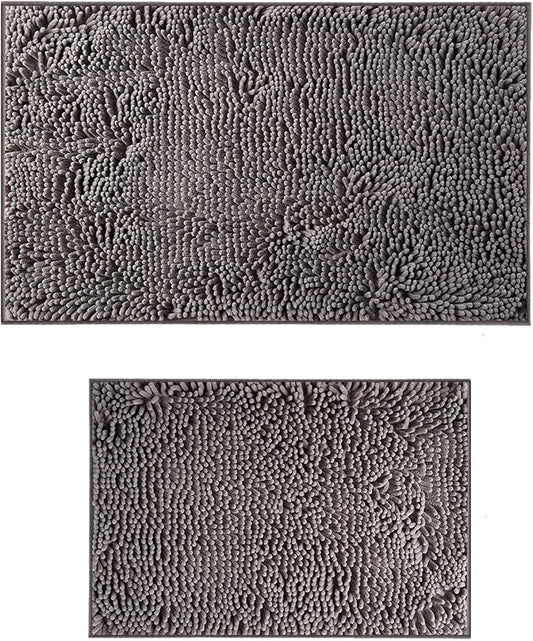 Gray Chenille Bathroom Rugs Set 2 Piece - Non Slip Absorbent Bath Mat for Shower, Quick Dry Machine Washable Floor Mats, Soft Plush, 17"x24"+20"x32" Inch