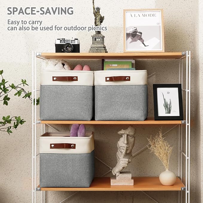6-Pack Foldable Fabric Storage Cubes 11x11 Inch, Sturdy Cube Organizer Bins with Leather Handles, Storage Baskets for Closet Shelves and Home Organization(White/Gray)