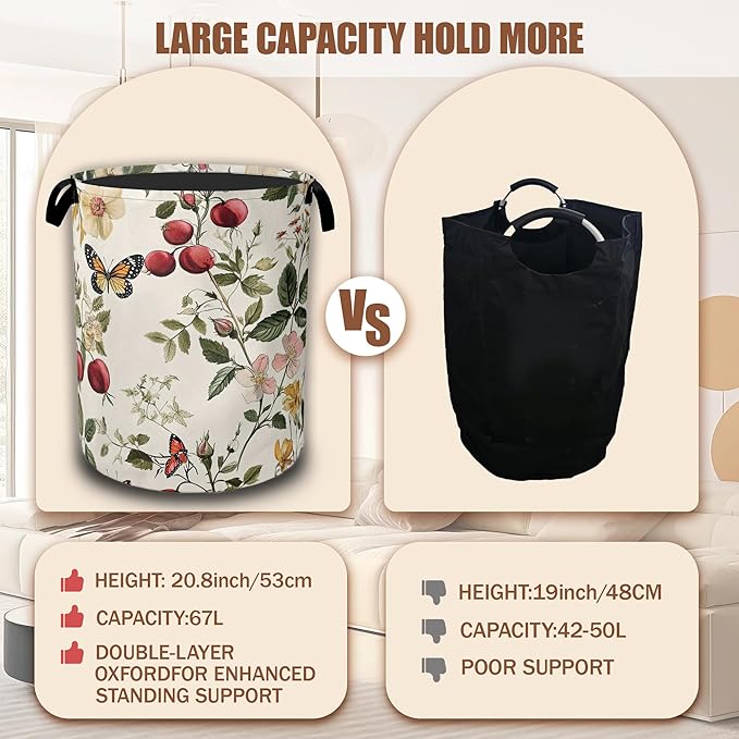 Vintage Flower Butterfly Laundry Baskets,Botanical Floral Laundry Hamper,Storage Basket with Handles for Bathroom Bedroom College Dormitory Living Room Nursery Organizer 16"x20.8"