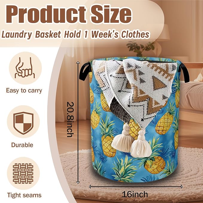 Tropical Hawaii Pineapple Laundry Basket, Laundry Hamper Waterproof Oxford Cloth Tote Collapsible,Clothes Storage Bucket Decorative Toy Organizer For Bathroom Bedroom 16" x 20.8"
