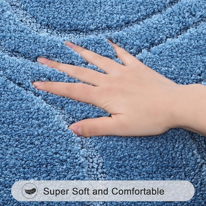 HEBE Bathroom Rugs Sets 5 Piece, Soft Absorbent Microfiber Bath Mat for Bathroom, Non Slip Washable Bath Rug Set with Toilet Cover, Bath Runner and U-Shaped Contour Toilet Rug, Blue