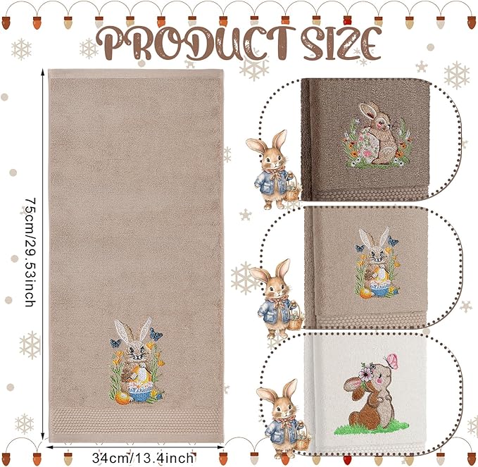 3 Pack Easter Bunny Hand Towels Brown Bathroom Decor 13.4 x 29.2 Inch Cotton Embroidered Bunny with Easter Egg Bathroom Towel Absorbent Decorative for Hand Drying Cleaning Gift