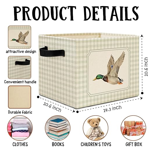 Green Checkered Mallard Duck Storage Bins Box with Handles, Rustic Flying Mallard Duck Plaid Laundry Basket Hamper Collapsible Clothes Toys Organizer for Kids Boys Bedroom Bathroom