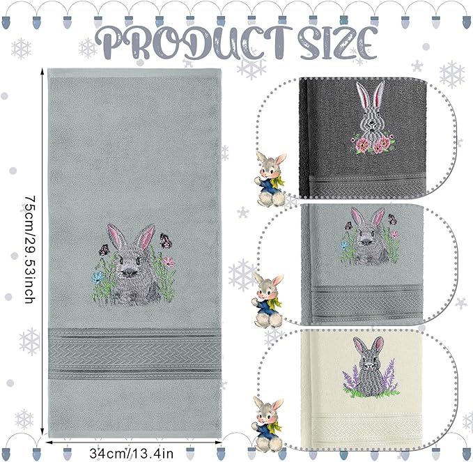 3 Pack Easter Bunny Hand Towels Farmhouse Gray Bathroom Decor 13.4 x 29.2 Inch 100% Cotton Embroidered Spring Decorative Towels Absorbent Soft for Hand Drying Cleaning Gift