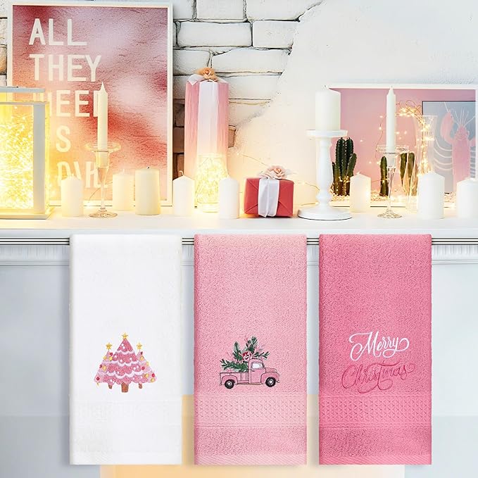3 Pcs Pink Christmas Hand Towels for Bathroom Merry Christmas Xmas Tree Embroidered Cotton Bathroom Towels Decorative for Kitchen Dish Fast Drying Decor, 13.78 x 29.53 Inch
