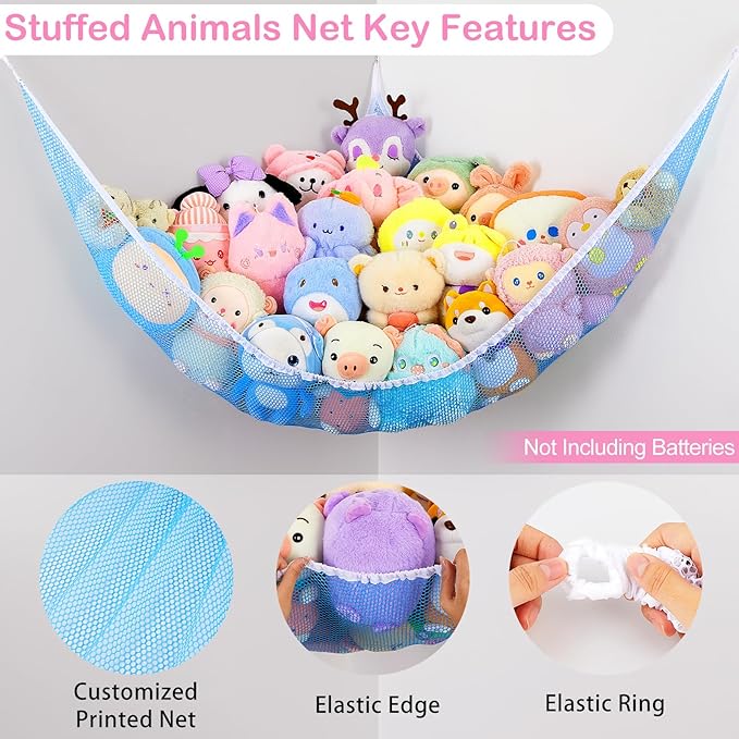 Basumee Stuffed Animals Net or Hammock with LED Light Hanging Toy Net Hammock for Stuffed Animals Storage Stuff Animals Hammocks for Nursery Room with Remote Control, 8 Kinds of Lights(Pack of 1)