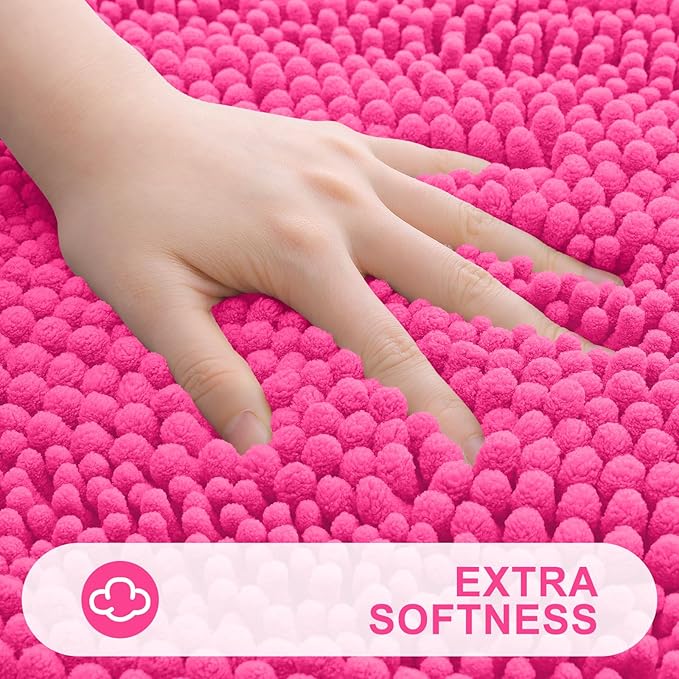 Grandaily Chenille Striped Bathroom Rugs 24x16, Extra Thick and Absorbent Bath Mats, Non-Slip Soft Plush Shaggy Shower Carpet, Machine Wash Dry, Bath Rug for Bathroom, (Small, Deep Pink)