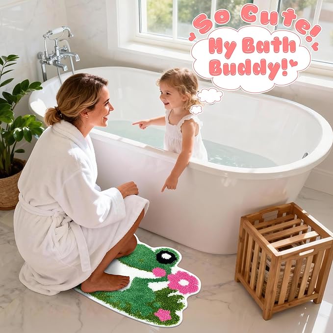 Hexagram Cute Frog Small Bath Mat 16×24 Inch, Frog Decor for Home Gift, Cute Bathroom Rugs, Green Pink Non Slip Soft Washable Irregular Animal Shaped Rug for Tub, Bathtub, Shower Room, Bedroom, Door