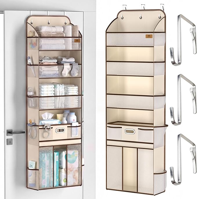 Over The Door Organizer with Large Capacity Diaper Storage & Mesh Window,for Baby Essentials & Nursery, 55lbs Hanging Storage for Closet, Bathroom, Bedroom, Dorm -12 Pockets