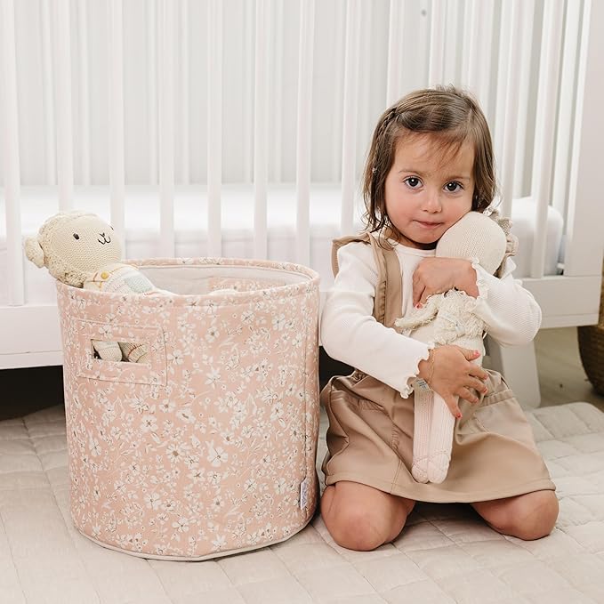 Sorrel + Fern Nursery Storage Basket (Fleurette), Soft Collapsible Fabric Toy Bin, Floral-Inspired Organizer for Playroom or Nursery, Gender-Neutral Decor, 13 × 13 Inches