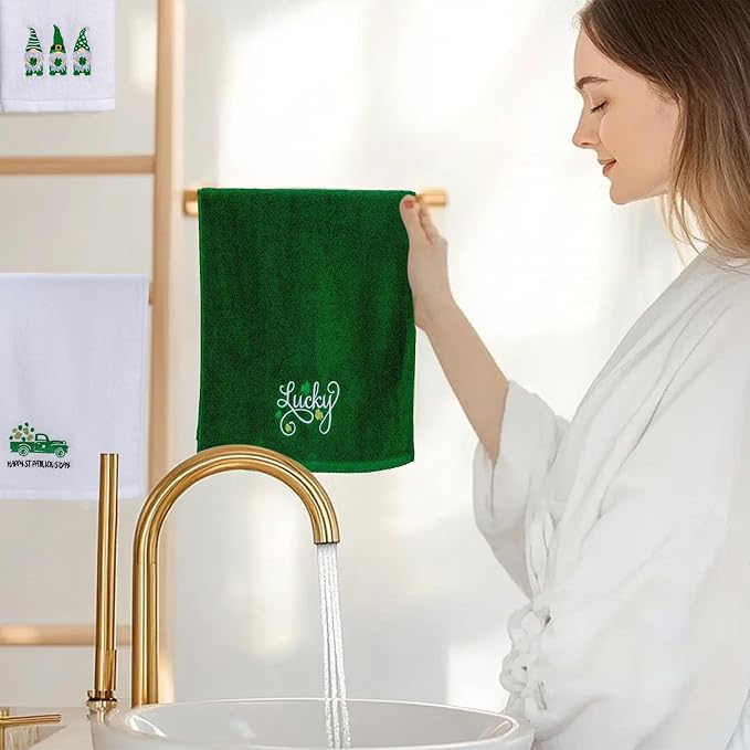 3 Pcs St. Patrick's Day Hand Towels Embroidered Decorative Lucky Shamrock 100% Cotton Bath Towel for Bathroom Home Kitchen Decor Housewarming Gifts 13.4" x 29.5"