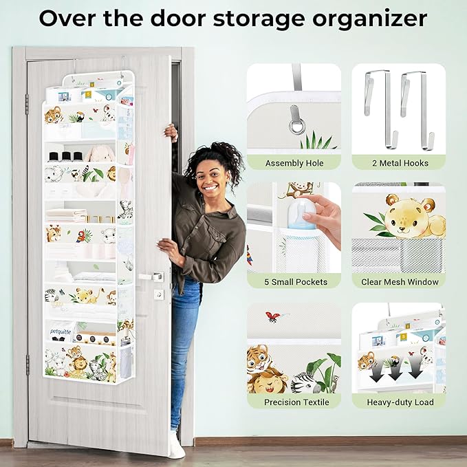 Clastyle Elephant Lion Kid Over The Door Organizer Storage Tropical Leaf 5 Shelves Closet Nursery Hanging Shelves Clothes Diaper Stuffed Animal Toy Storage for Newborn Baby Essential