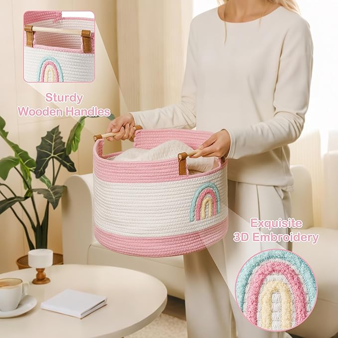 Large Blanket Basket 35L Cotton Rope Basket with Wooden Handles Woven Baskets for Kids Stuffed Animal Toys Storage for Nursery, Laundry Hamper Clothes Baby Hamper Girls Gift Baskets Empty, (Rainbow）