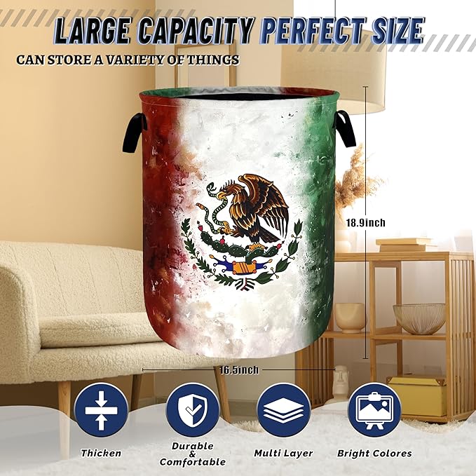 Vintage Mexican Flag Laundry Basket Oxford Cloth Foldable Mexico Laundry Hamper With Handle Portable Clothes Storage Organizer Basket 18.9 x 16.5 Inch Laundry Bag For Laundry Room/Bedroom/Bathroom