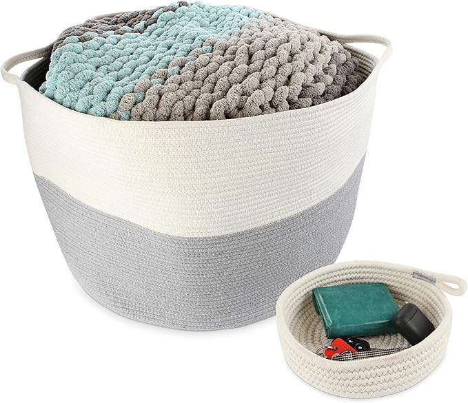 Extra Large Cotton Rope Basket 24” x 17” Woven Cotton Storage Basket with Handles for Blankets and Toys, Storage Decor for Living Room, Bedroom or Kids Room