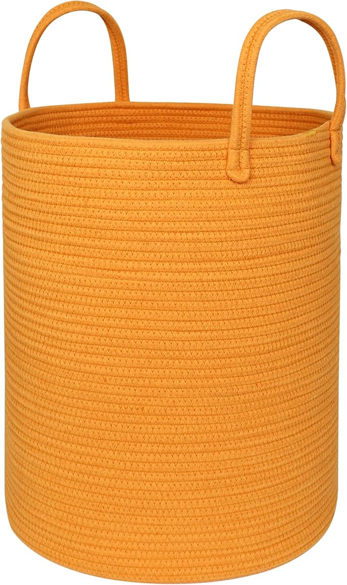 Large Orange Laundry Basket, 15"x18" Tall Blanket Storage Living Room, XL Cotton Rope Toy Bin for Organizing, Wicker Woven Baby Nursery Laundry Hamper with Handle, Orange Room Decor Aesthetic