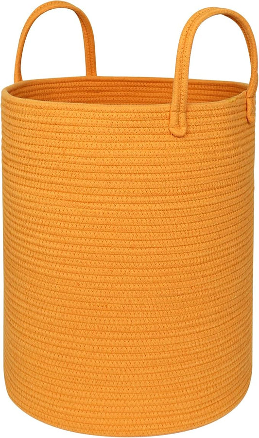 Large Orange Laundry Basket, 15"x18" Tall Blanket Storage Living Room, XL Cotton Rope Toy Bin for Organizing, Wicker Woven Baby Nursery Laundry Hamper with Handle, Orange Room Decor Aesthetic