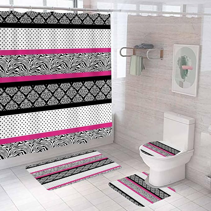 4PCS Patchwork Shower Curtain Sets with Rugs, Waterproof Fabric Black and White Shower Curtain, Abstract Zebra Striped Hot Pink Safari Wildlife Wild Animal Skin Polka Dot Modern Bathroom Decor