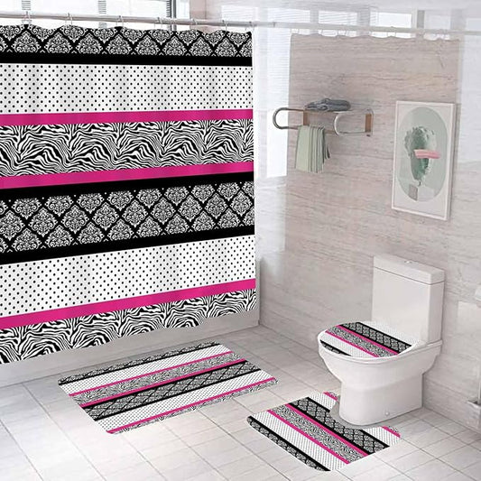 4PCS Patchwork Shower Curtain Sets with Rugs, Waterproof Fabric Black and White Shower Curtain, Abstract Zebra Striped Hot Pink Safari Wildlife Wild Animal Skin Polka Dot Modern Bathroom Decor