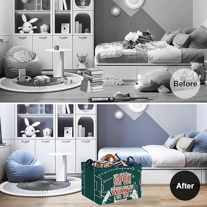 Clastyle Vintage Sport Ball Kid Storage Basket Baby Laundry Hamper Boy Gift Toy Box Collapsible Clothes Organizer Nursery Bin for Bedroom, Green Football, 40*30*30 cm