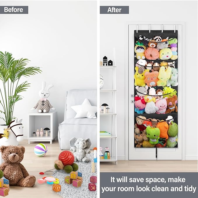 Hanging Stuffed Animal Storage, Over Door Large Plush Toy Organizer with Metal Hook, Baby Accessory Holder Idea for Nursery, Doll & Bear Mesh Hammock Bag for Girl Boy Kid Room