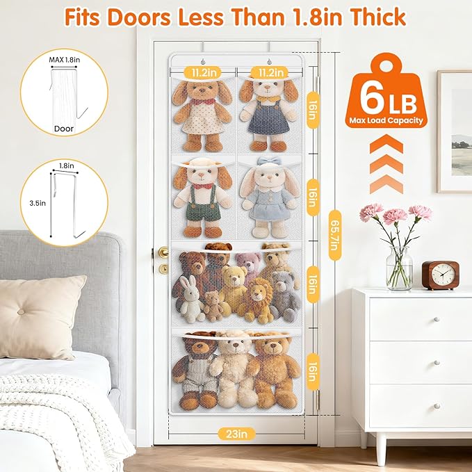 Stuffed Animal Storage - Large Over the Door Organizer with 6 Expandable Mesh Pockets & Metal Hooks, Non-Woven Fabric Hanging Plush Items Holder for Nursery, Bedroom, Playroom (White)