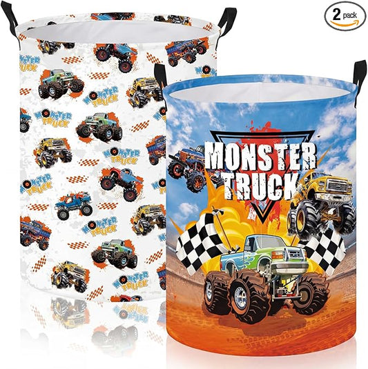 2 Pcs Monster Truck Laundry Hamper Basket Monster Truck Room Decor 19.7x14.6 Inch Round Collapsible Toy Storage Organizer Clothes Basket with Waterproof Layer for Closet Bedroom Playroom
