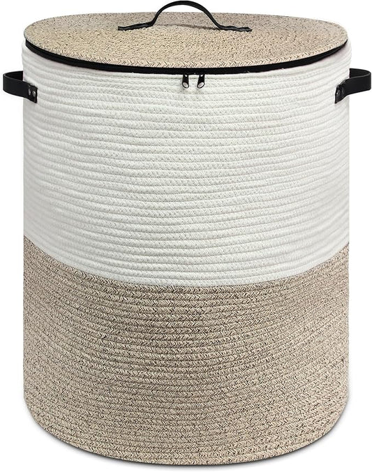 Laundry Hamper with Lid, Large Woven Laundry Basket，Blanket and Toy Storage Basket for Living Room, Bedroom, Bathroom, Nursery (Brown with Zipper, 55L)