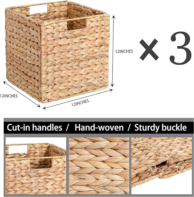 12 x 12 x 12in Water Hyacinth Storage Baskets, Wicker Storage Baskets for Shelves, Foldable Square Bins for IKEA Kallax Set of 3, Large Cubby Rattan Basket, Wicker Basket for Organizing