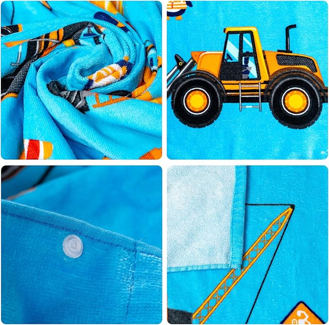 Gealaek 100% Cotton Hooded Towel for Toddlers 5-12 Years Boys Girls 60"x30" Extra Large Wearable Wrap Kids Bath Pool Beach Towel Soft Absorbent Beach Poncho(Construction Site XL)