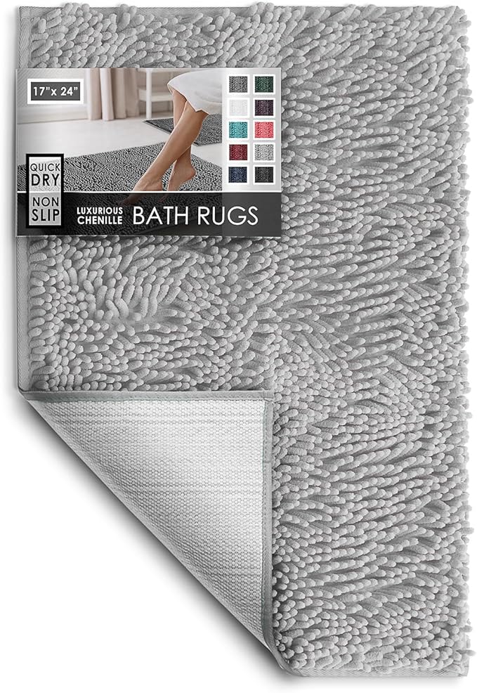 Hearth & Harbor Bathroom Rugs, Chenille Bath Mat - Machine Washable Bath Mats for Bathroom Non-Slip Backing Rubber, Quick Dry Bathroom Mat - Silver Bath Rug, 17x24