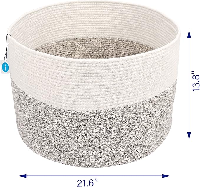 Casaphoria XXXLarge Cotton Rope Basket for Living Room - Woven Storage Basket with Handle for Blankets, Towels and Pillows Laundry Hamper | White and Brown (22" x 22" x 14")
