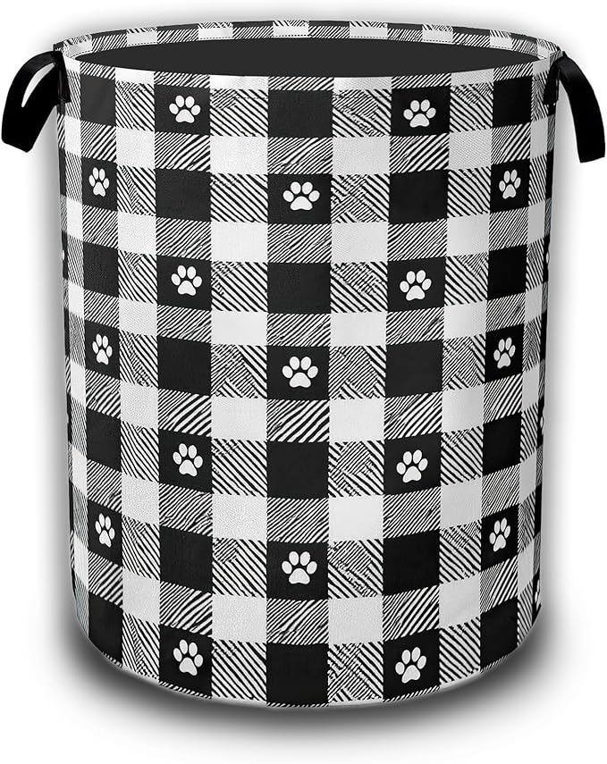 Black White Plaid Laundry Basket,Waterproof Foldable Cat Paws Laundry Hamper,Dirty Clothes Basket, Linen Bin Storage Organizer Collection 16" x 20.8"