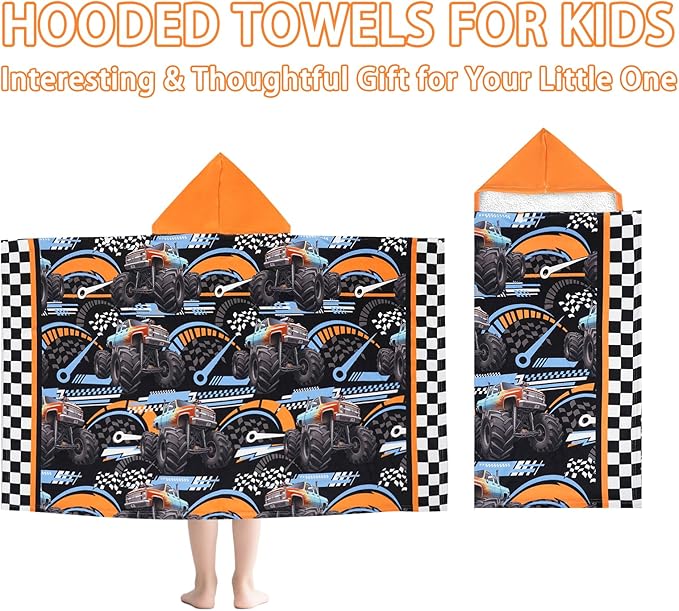 Hooded Poncho Towels for Kids - Ultra Soft 100% Cotton Truck Toddler Hood Bath Towels/Pool Terry Towel Beach Poncho Wrap Absorbent Cute Bath & Swim Wrap Gift for Boys & Girls 3-10 Years - Black