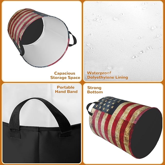 Laundry Basket,American Flag Laundry Hamper Retro Collapsible Organizer Basket,Toy Storage Bin Room Decor Gift Clothes Baskets,Bedroom Children Nursery Hamper 16x20 Inch