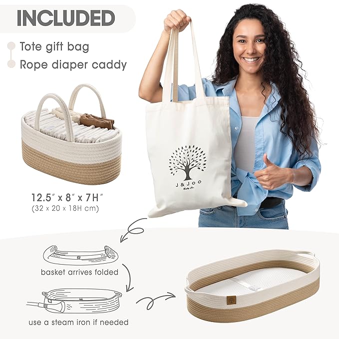 Baby Changing Basket Includes Diaper Caddy - Soft & Waterproof Dual-Cover, Portable, Changing Pad for Dresser & Changing Table, Gift for Baby Shower, Organic Cotton Rope