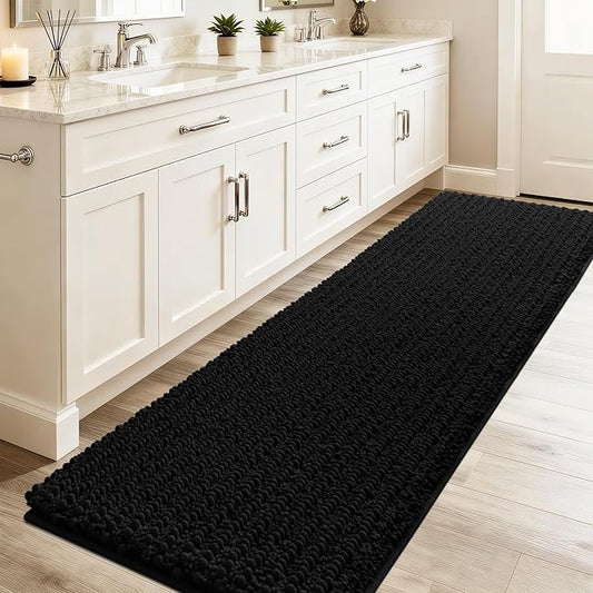 ACCUMTEK Extra Long Upgrade Luxury Black Bathroom Rug Mat 70"x24", Ultra Soft Thick Absorbent Bath Mats, Non Slip Chenille Toilet Mat for Bathroom, Bedroom, Kitchen, Shower, Tub