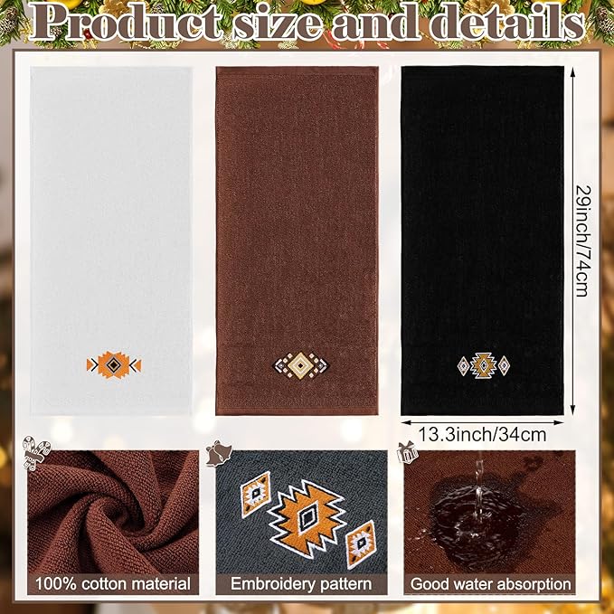 3 Pcs Western Aztec Hand Towels Southwestern Bathroom Decor Southwest Sunset Embroidered Rustic Boho Decorative Towels for Bathroom Kitchen Decor, 100% Cotton, 13.3 x 29.5''